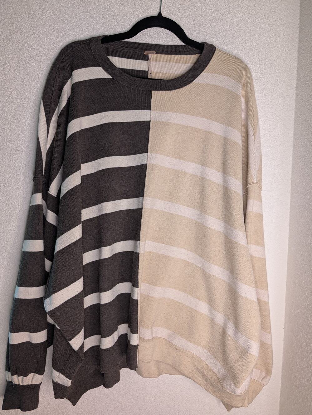 Free People Uptown Oversized Sweater Tan Black Striped M Boho Cottagecore Chic